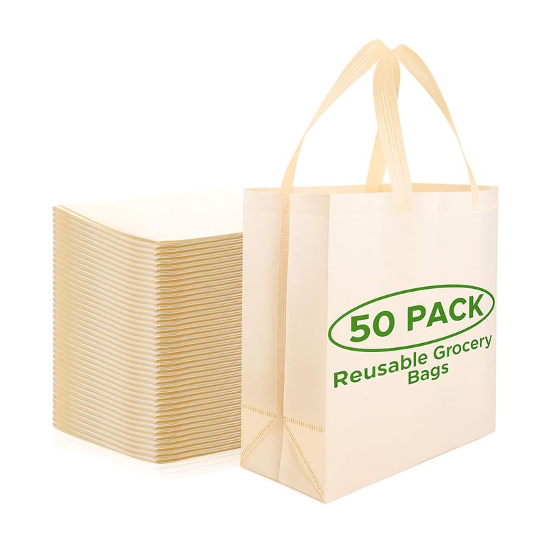 Simply Cool Reusable Grocery Bags Eco-Friendly - Large Reusable Shopping Bags, Heavy Duty Grocery Bags, 14.5"x14"x6.6" Foldable, Tote Bags Bulk (50 Pack, Cream) - Image 1